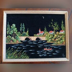 Vintage Scenic Framed Landscape Black Velvet Painting